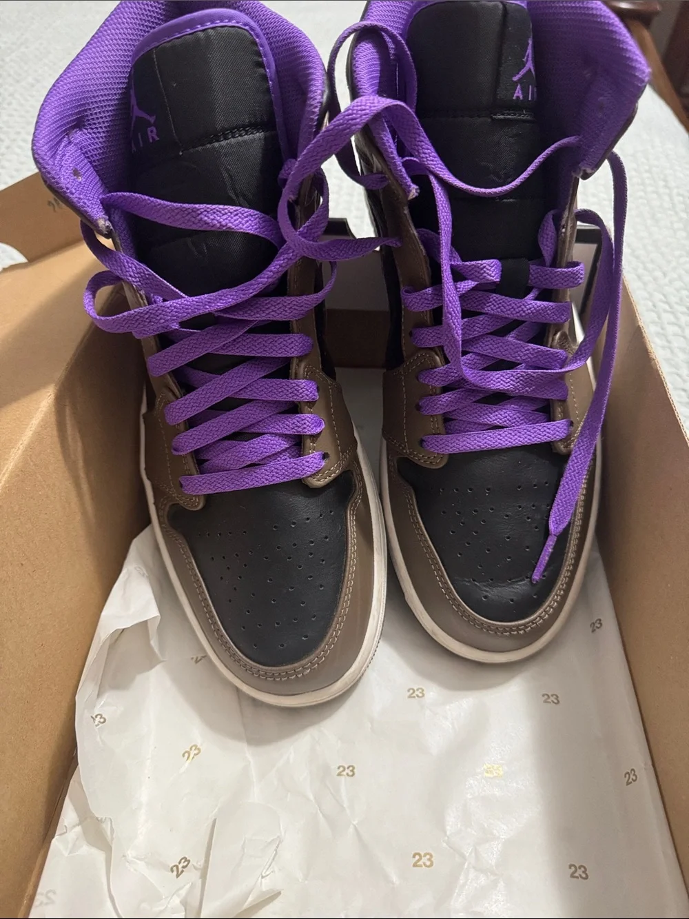 Men Jordan 1 High-Top Sneakers in Black, Brown & Purple - Athletic Casual